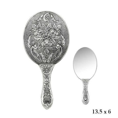 Elegant Ornate Silver-Tone Hand Mirror with Vintage Rose Motif