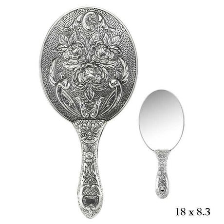 Vintage-Inspired Handheld Mirror - Silver-Tone Ornate Rose Motif Design
