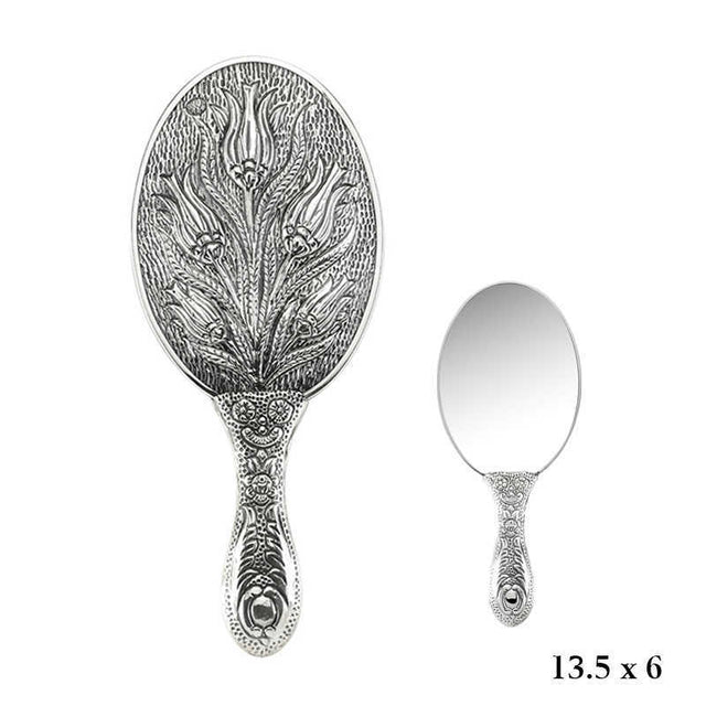 Silver-Tone Ornate Hand Mirror Set - Engraved Lale Motif Design