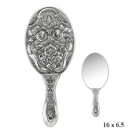 Hand Mirror - Silver-Tone Ornate Floral Vintage Vanity Mirror
