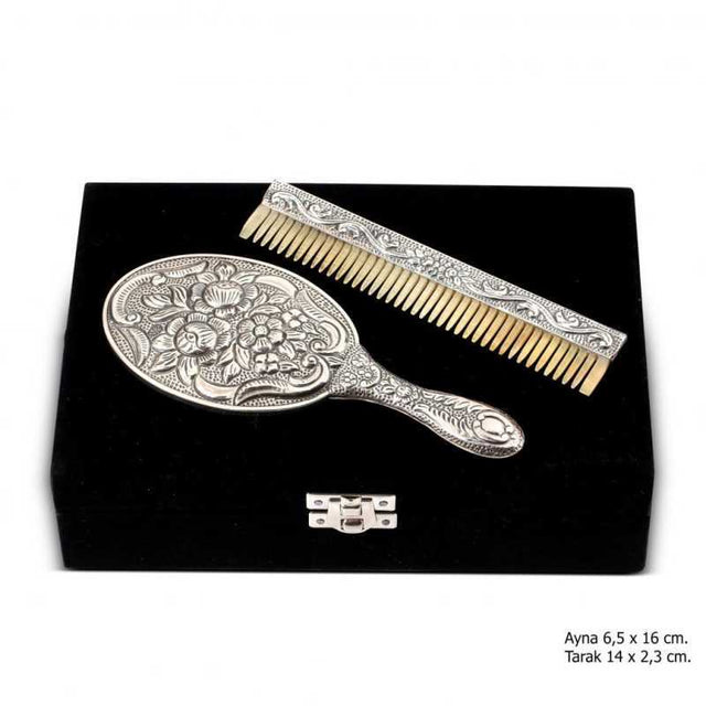 Sterling Silver Floral Engraved Hand Mirror & Comb Set