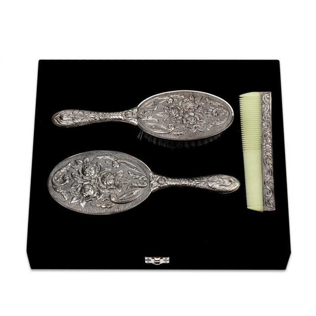Ornate Silver-Tone Vanity Set - Vintage Floral Engraved Dresser Set