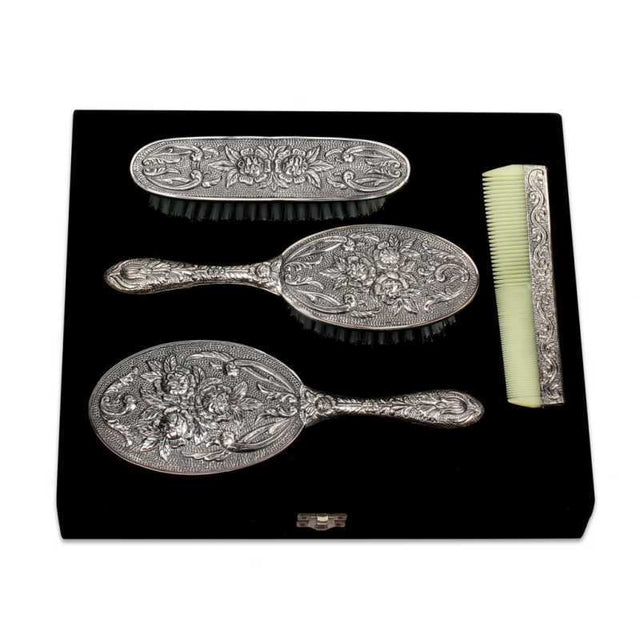 Ornate Silver-Tone Floral Engraved Vanity Grooming Set