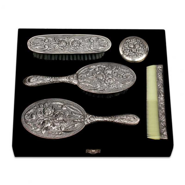 Ornate Silver-Tone Dressing Table Set - Vintage Floral Engraved