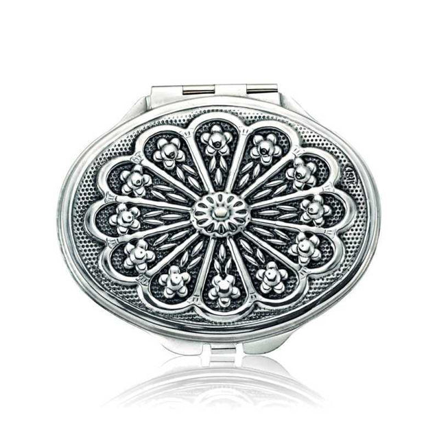 Compact Mirror - Sterling Silver Ornate Floral Design