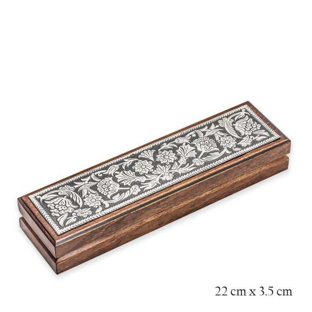 Wooden Prayer Beads Keepsake Box - Hand-Carved Floral Silver-Tone Inlay