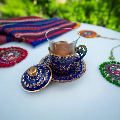 Lavina | Copper Turkish Tea Cup with Lid Erzincan Design Lavina Tea Cup