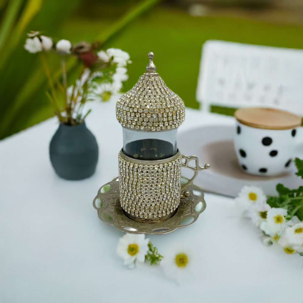 Lavina | Turkish Tea Cup with Lid Swarovski Stone Design