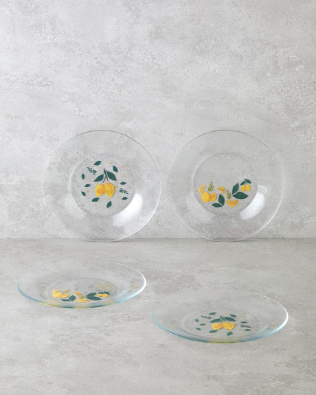 Professional-Glass-Dessert-Plate-Set-4-Piece-Lemon-Design-Yellow-Green