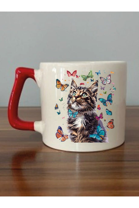 Lili Hediyelik Premium Butterfly Cat Themed Ceramic Mug - Red Handle - TryAladdin