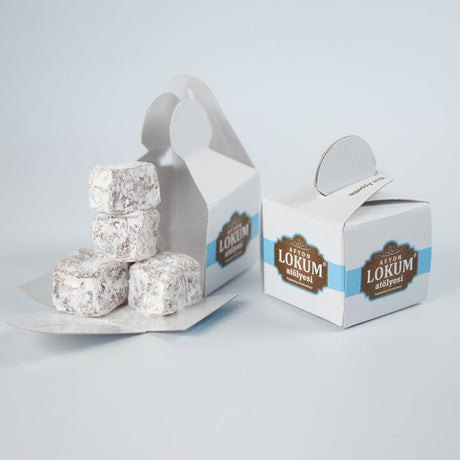 Lokum Atolyesi | Mini Double Roasted Turkish Delight with Pistachios and Cotead with Powdered Sugar (In 10 Single Boxes)