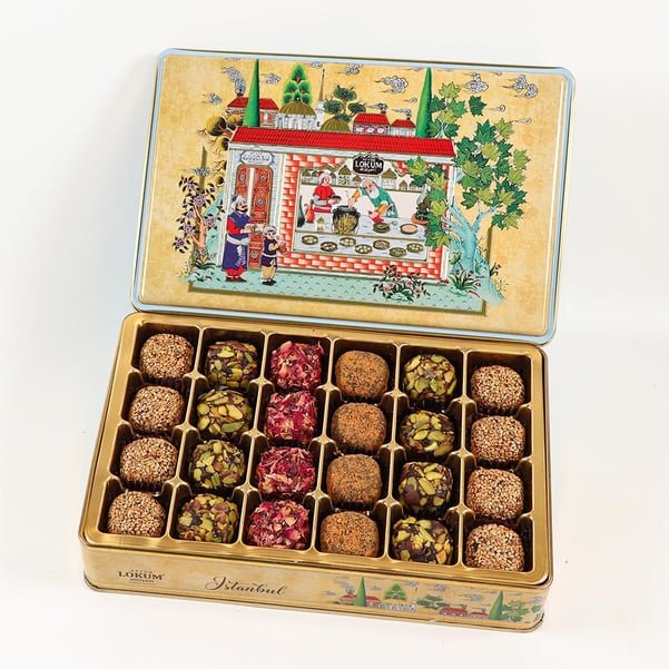 Lokum Atolyesi | Palace Bites Assorted Turkish Delights in Metal Gift Box (with Figs, Pistachios, Dates, Rose Leafs, Lotus Biscuit, Sesame)