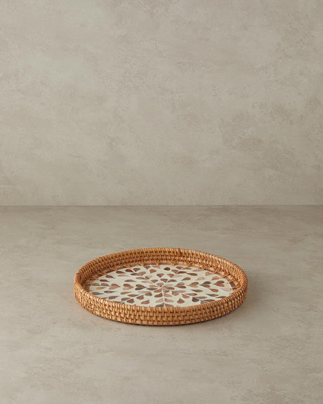 Professional Rattan Mother-of-Pearl Inlay Serving Tray - Brown