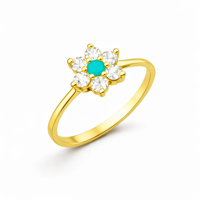Dainty Flower Ring - Gold-Tone with Turquoise & Sparkling Zirconia