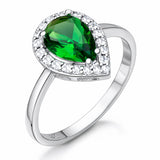 Sterling Silver Ring - Pear Emerald & Brilliant CZ Halo Design