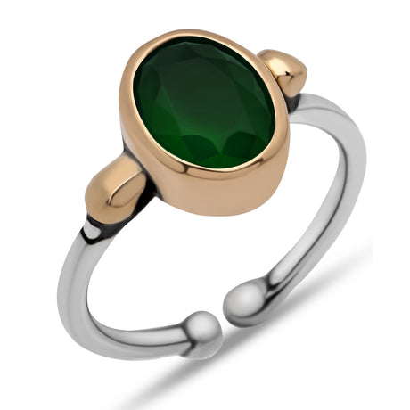 Adjustable Ring - Silver & Gold-Tone Green Stone Bezel Set