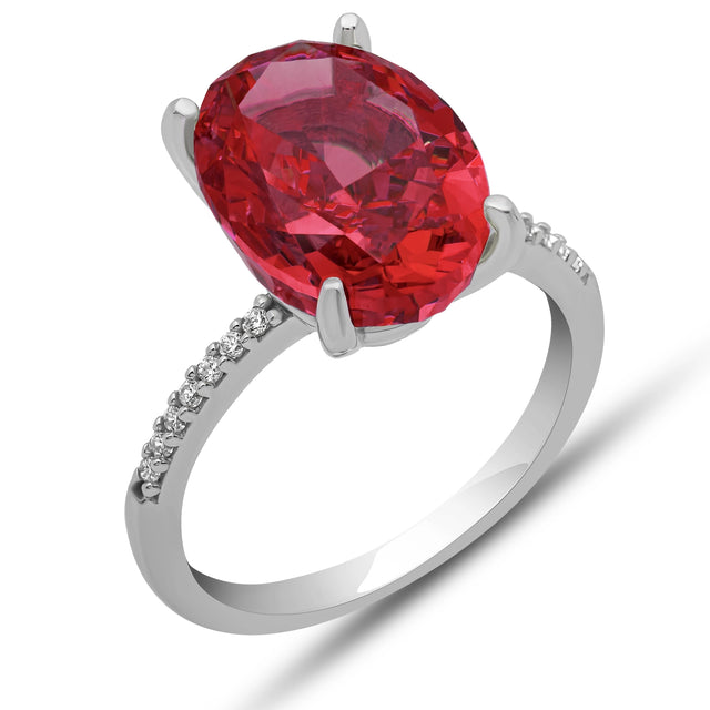 Elegant Silver Ring - Ice Cut Oval Red Zircon & Pave Accents