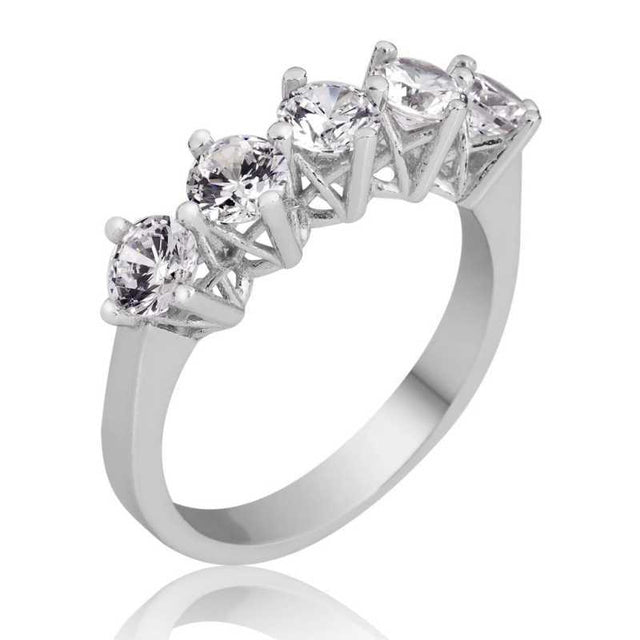 Sterling Silver Five Stone Ring - Brilliant CZ Anniversary Band