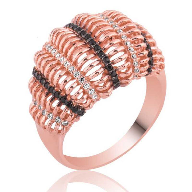 Ring - Rose Gold Tone Black & White Stone Multi-Row Band