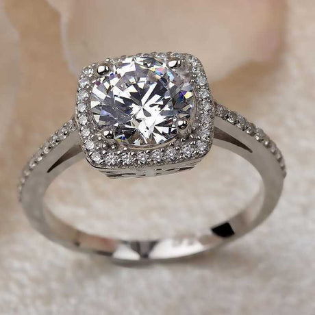 Sterling Silver - Cubic Zirconia Square Halo Solitaire Ring