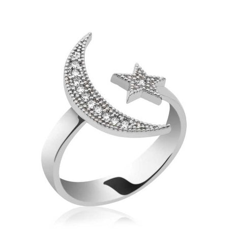Sterling Silver Crescent Moon & Star Ring - Sparkling Dainty Design