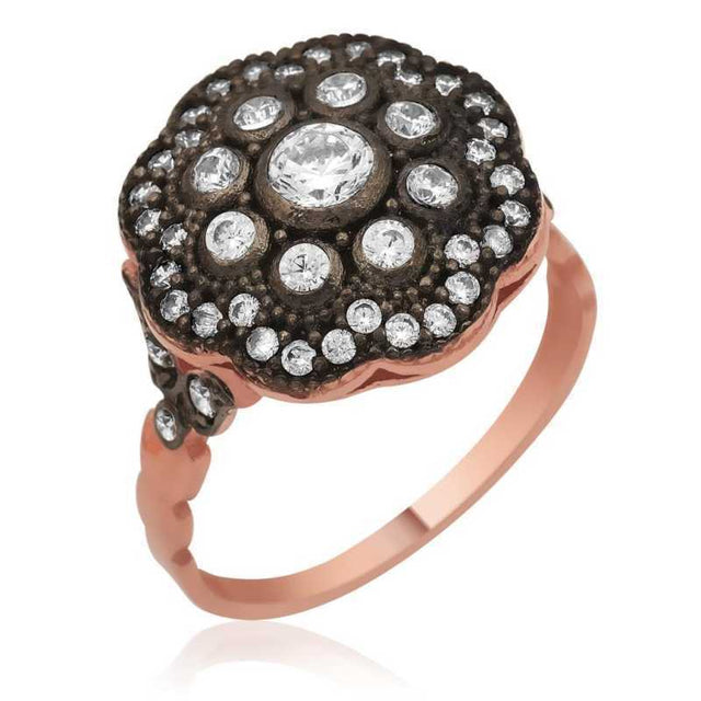 Ring - Rose Gold-Tone & Oxidized Silver Floral Cluster Ring with Clear Gemstones