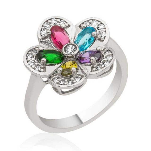 Ring - Silver-Tone Floral with Colorful Gemstones & CZ Accents