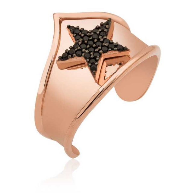 Rose Gold Plated Cuff Ring - Black Pavé Star Statement Design