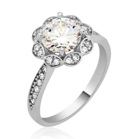 Sterling Silver Floral Halo Ring - Brilliant CZ Stones