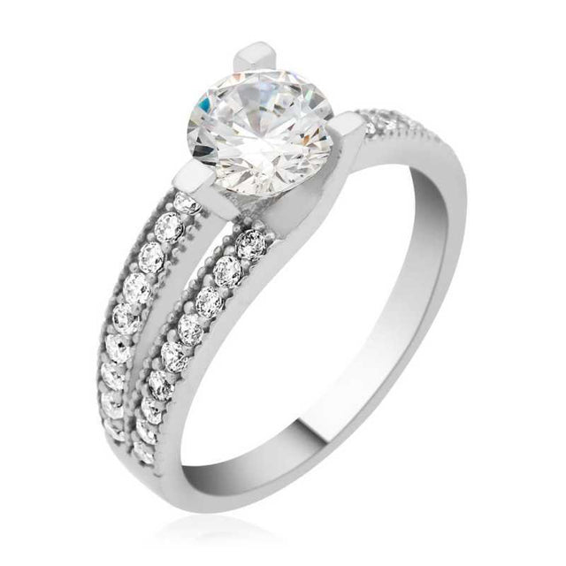 Sterling Silver Solitaire Ring - Split Shank with Pave Accents