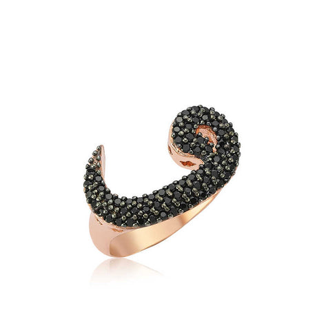 Rose Gold Plated Sterling Silver Vav Ring - Black Zirconia Statement