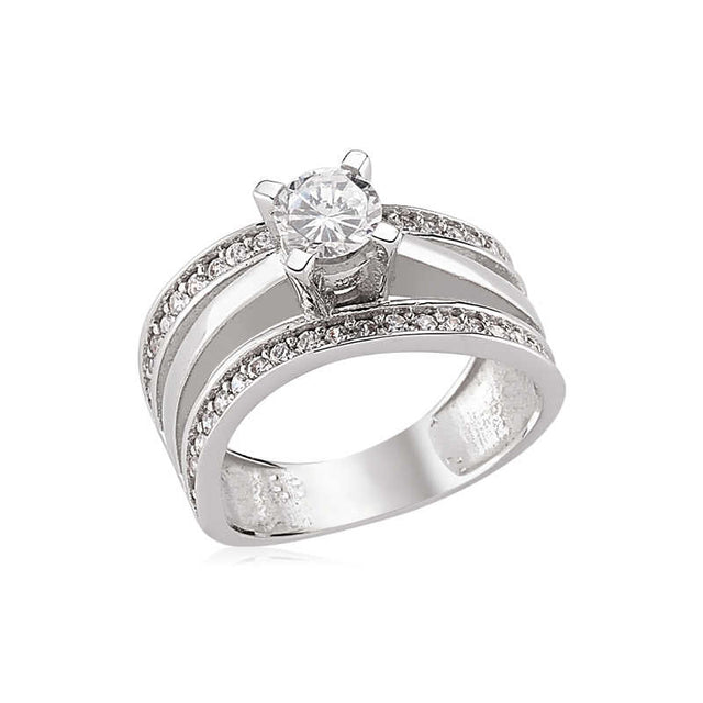 Sterling Silver Solitaire Ring - Multi-Band Pave Zirconia Design