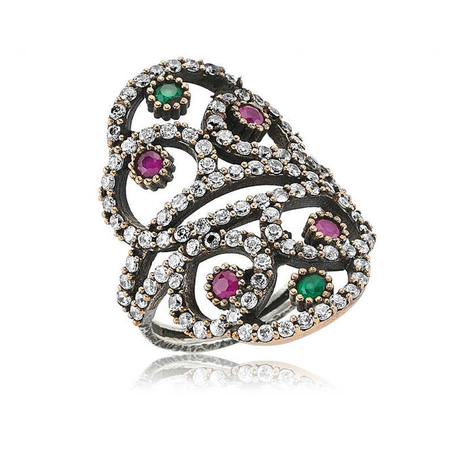 Otantik Silver Ring - Ornate Filigree with Ruby & Emerald Zirconia