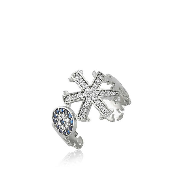 Adjustable Ring - Sterling Silver Snowflake & Evil Eye CZ Ring