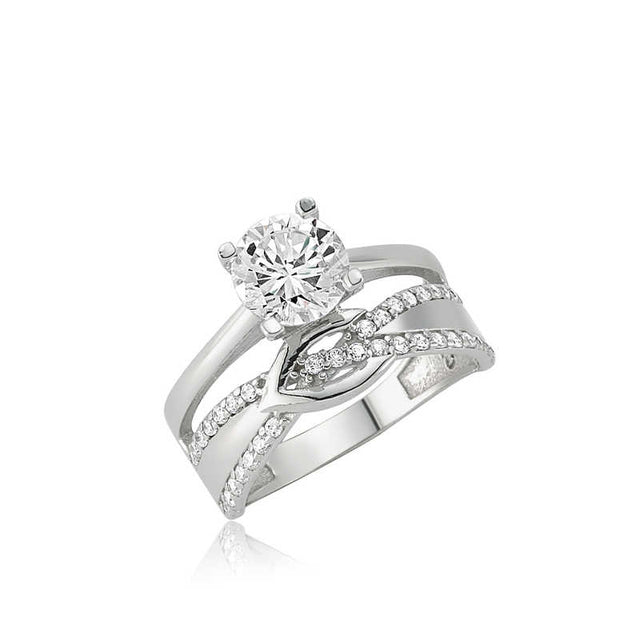 Ring - Silver-Tone Solitaire & Pavé Accent Multi-Band Ring