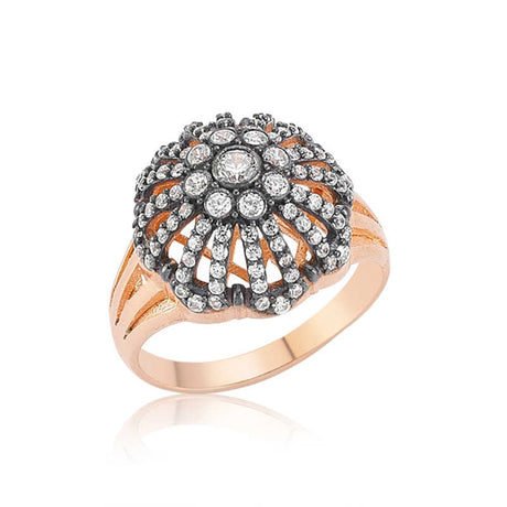 Ring - Rose Gold Tone Vintage Style Dome Ring with Clear Stones