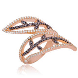 Rose Gold Tone Ring - White & Black Stone Leaf Vine Statement Ring