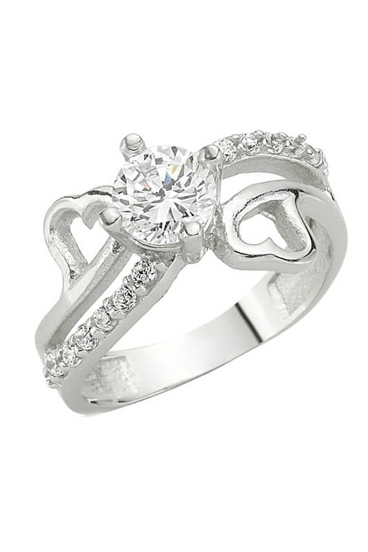 Sterling Silver Heart Solitaire Ring - Pave Cubic Zirconia Band