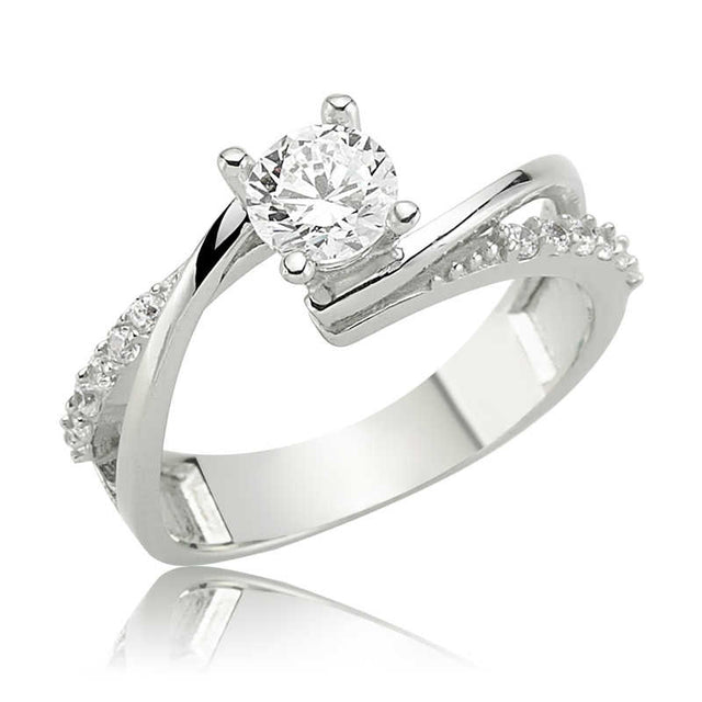Ring - Silver-Tone Solitaire & Pave Bypass Design