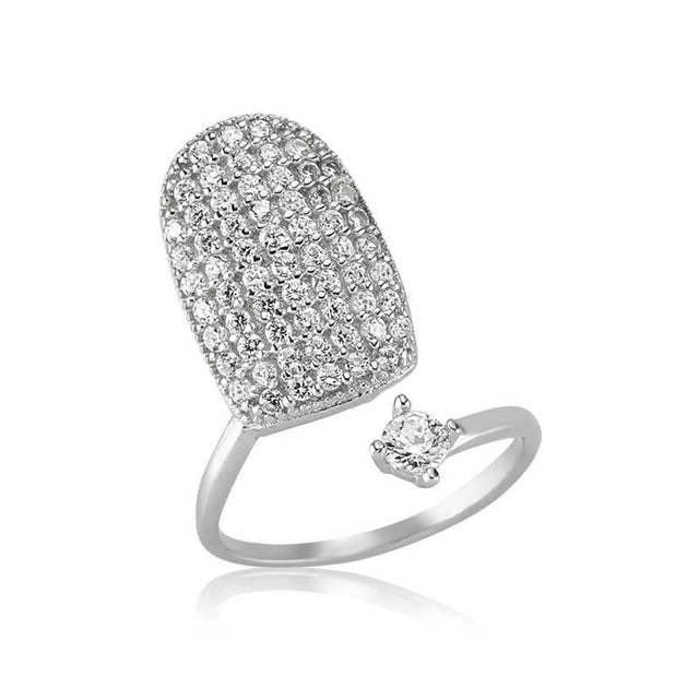 Sterling Silver Pave & Solitaire Adjustable Nail Ring