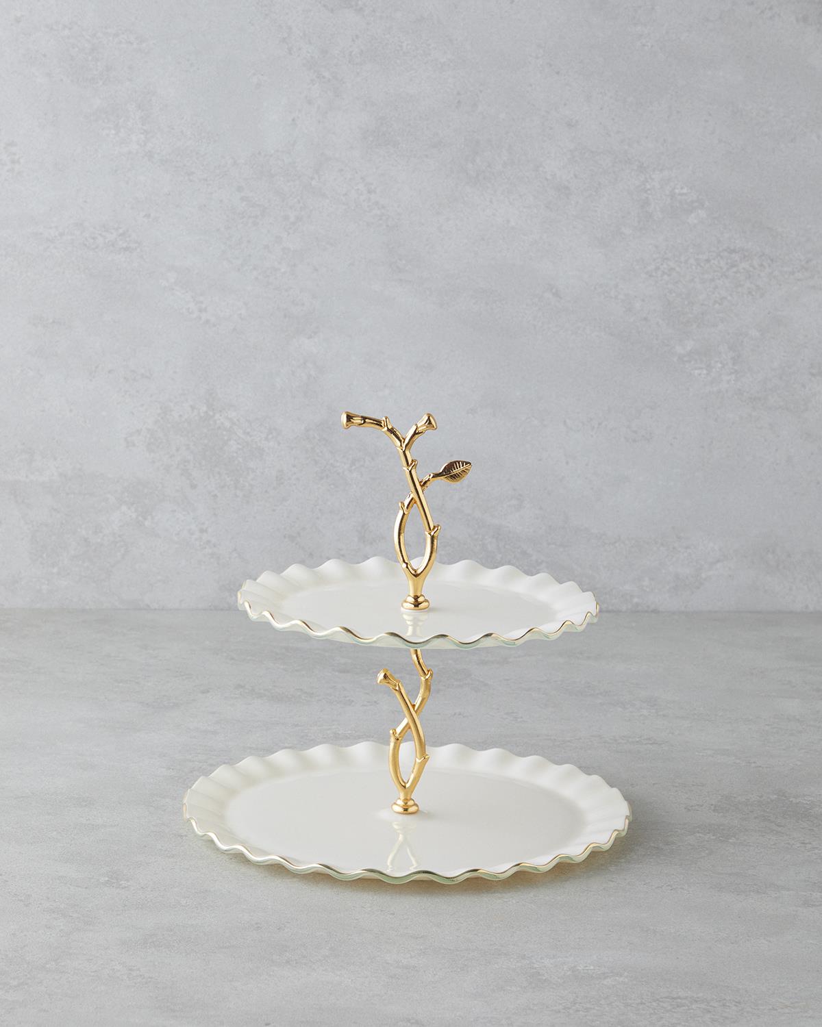 Premium Lustre Glass Two Tier Serving Stand   Cream Gold