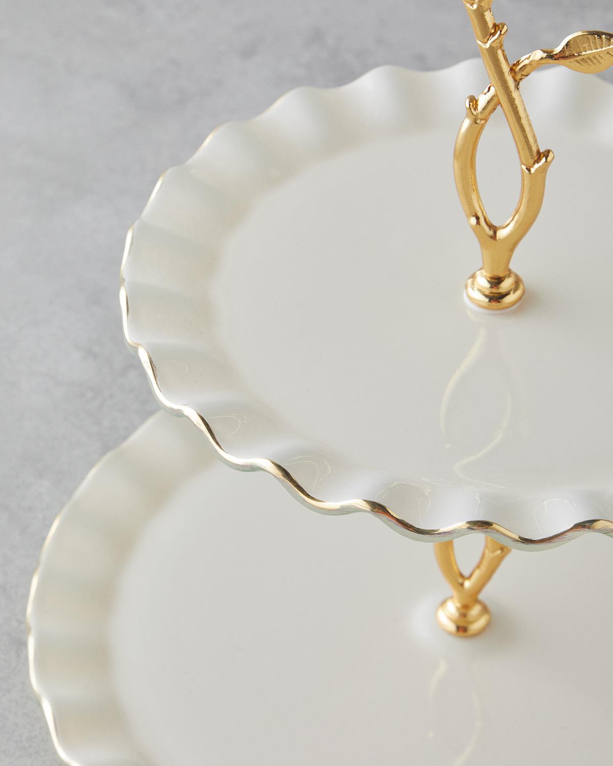 Premium Lustre Glass Two Tier Serving Stand   Cream Gold