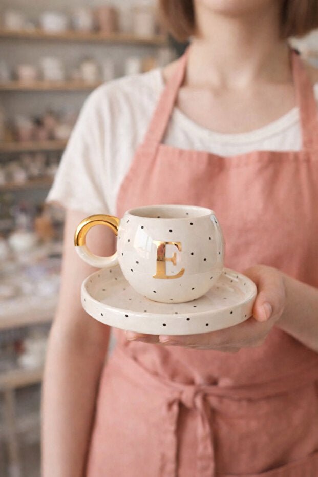 Luxury 24k Gold Gilded Double Turkish Coffee Espresso Cup Set - 'E' Initial - TryAladdin