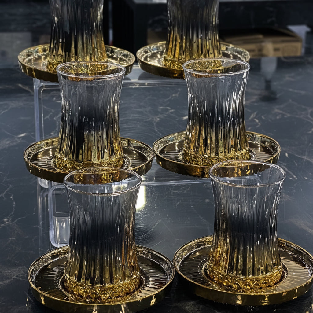 Luxury Gold Rimmed Turkish Tea Glass and Saucer Set - 6 Piece - TryAladdin