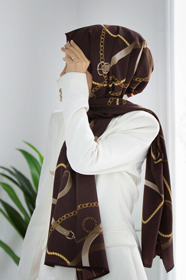 Luxury Medina Silk Shawl - Brown Chain Belt Pattern - TryAladdin