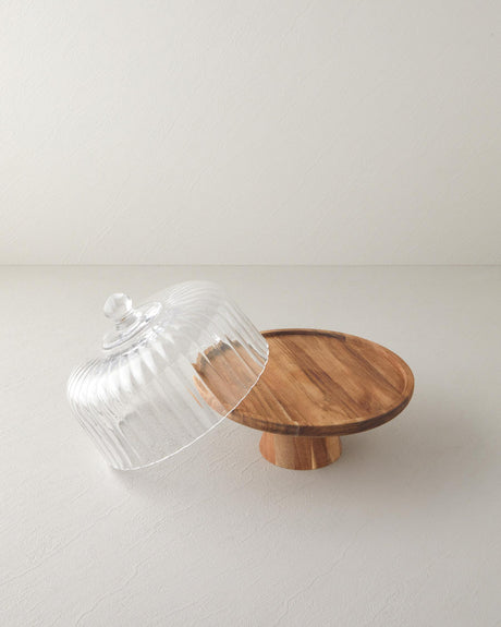 Premium Acacia Wood Glass Cake Display Dome Clear