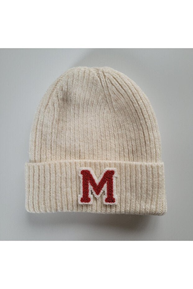 M Letter Folded Knit Ecru Wool Beanie - Standard Size - TryAladdin