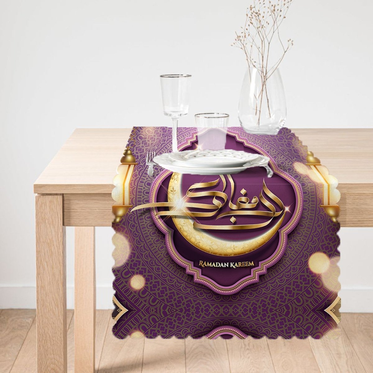Magenta - Colored Gold Mubarak Writing Decorative Runner and Cushion Pillow Cover Set - TryAladdin