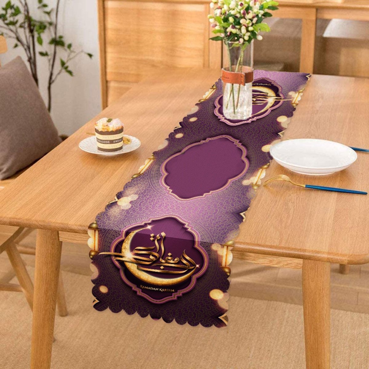 Magenta - Colored Gold Mubarak Writing Decorative Runner and Cushion Pillow Cover Set - TryAladdin