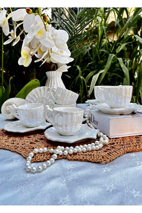 Mamaliza Premium Pearlized Oyster Ceramic Turkish Coffee Cup Set - 6 - Piece - TryAladdin